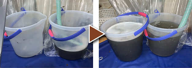 エアコンクリーニング-東葛西-洗剤投入後の汚水（1回目）
